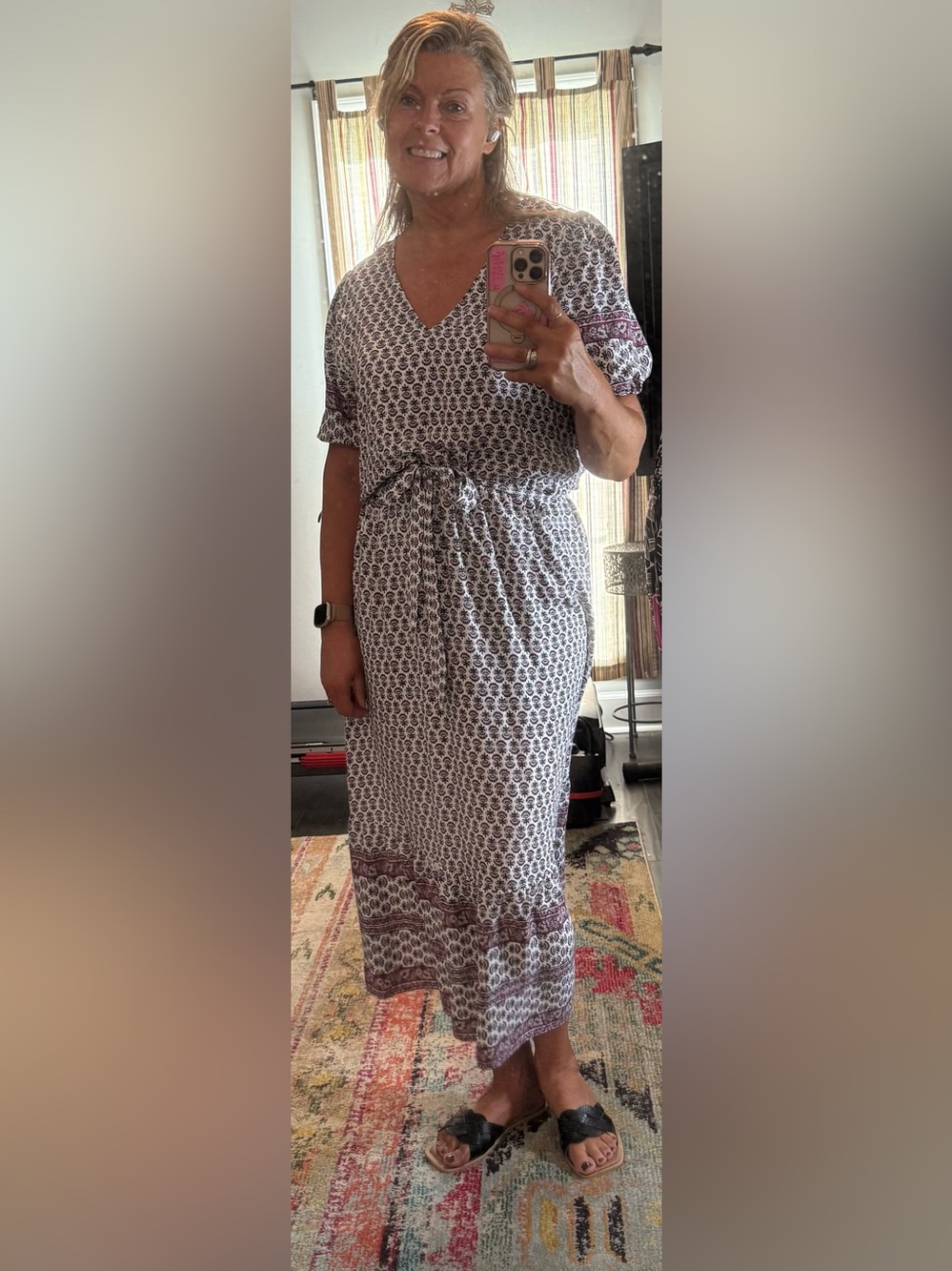 LOFT Outlet White dress with Pink & Olive Floral Print w/ belt